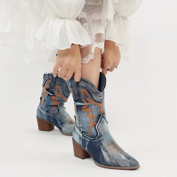 Boho Western Style Ankle Boots | Orange Stitching Block Heel Cowgirl Festival - Picture 1 of 6